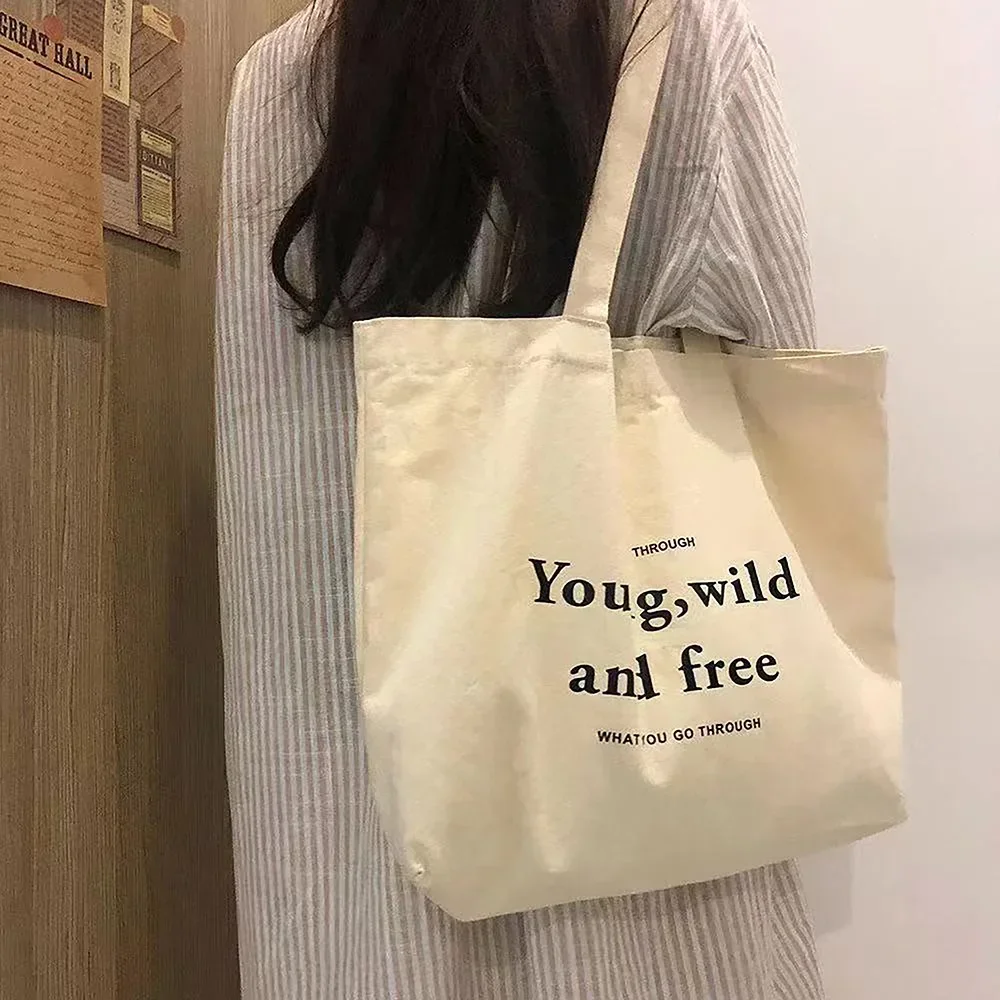 Women Canvas Bag Large Capacity Art White Shopping Bags Purses Tote Bag Commuter Literary Retro Letter Fashionable Shoulder Bags