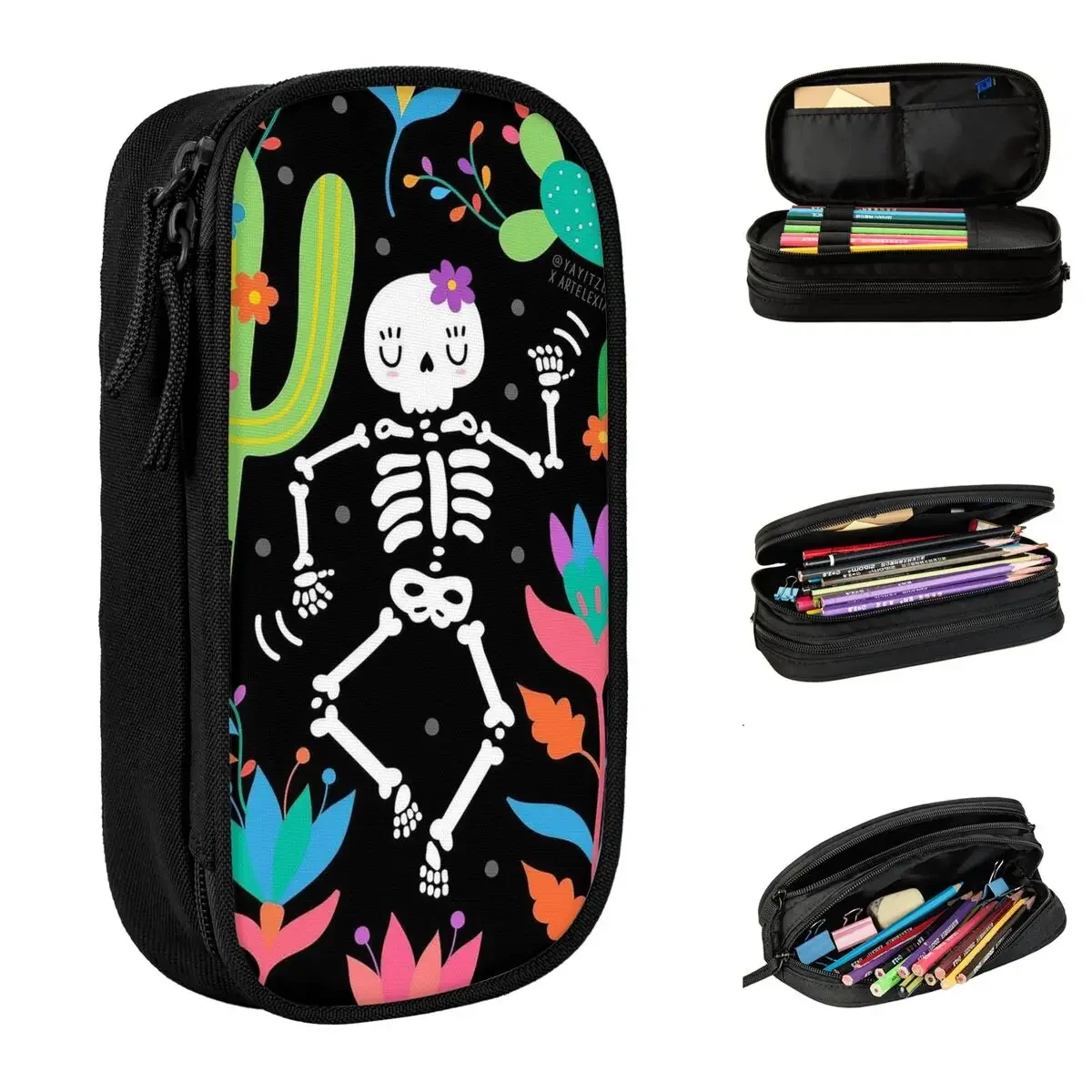 

Folk Art Dancing Skull Day Of The Dead Pencil Case Pencil Pouch Pen Holder for Student Big Bag Students School Gifts Stationery