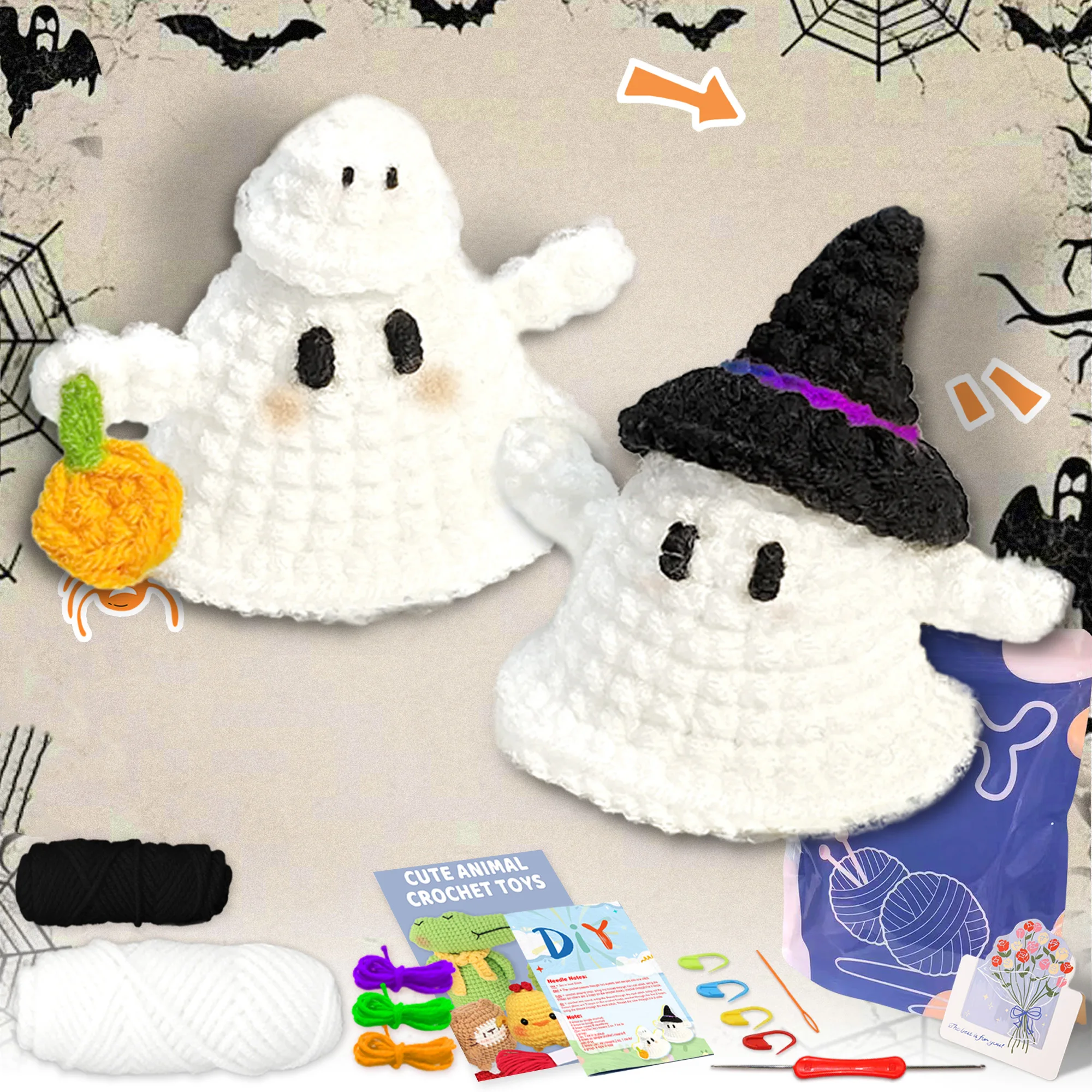 2PCS Halloween Ghost Crochet Set，Easy Beginner-Friendly Craft with Step-by-Step Video Tutorial(Accessories In Random Color)