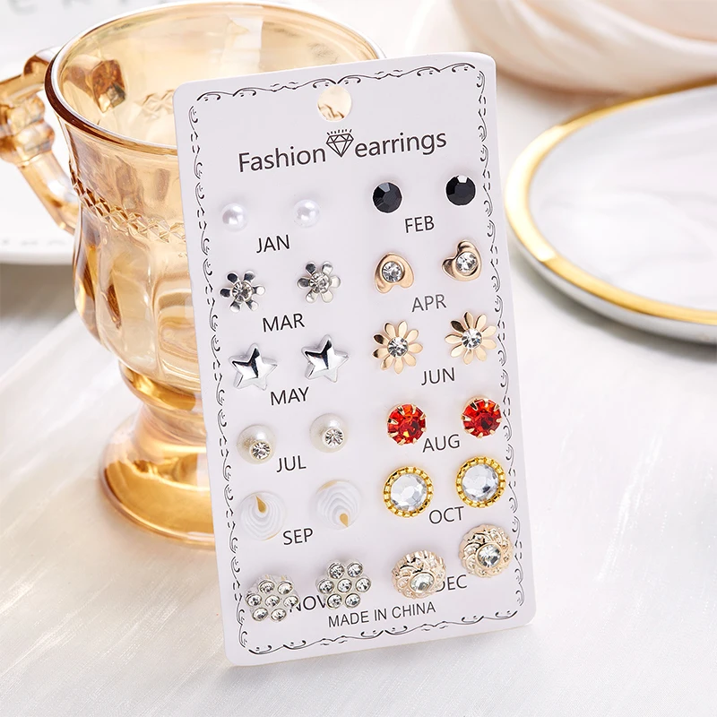 12Pairs Combination Stud Earrings Set Crystal Imitation Pearl Flower Heart Star Small Earrings For Women Mix Style Month Jewelry