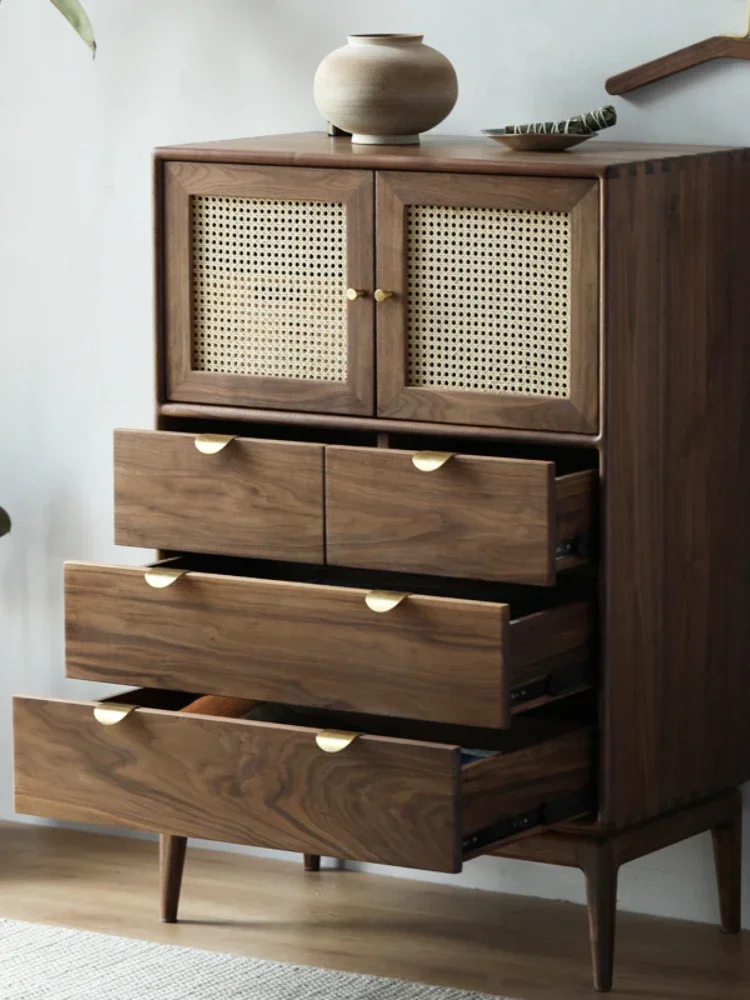 North America Black Walnut Wooden Chests of Drawers Solid Wood Rattan Open Door Locker Storage Cabinet Side Cabinet