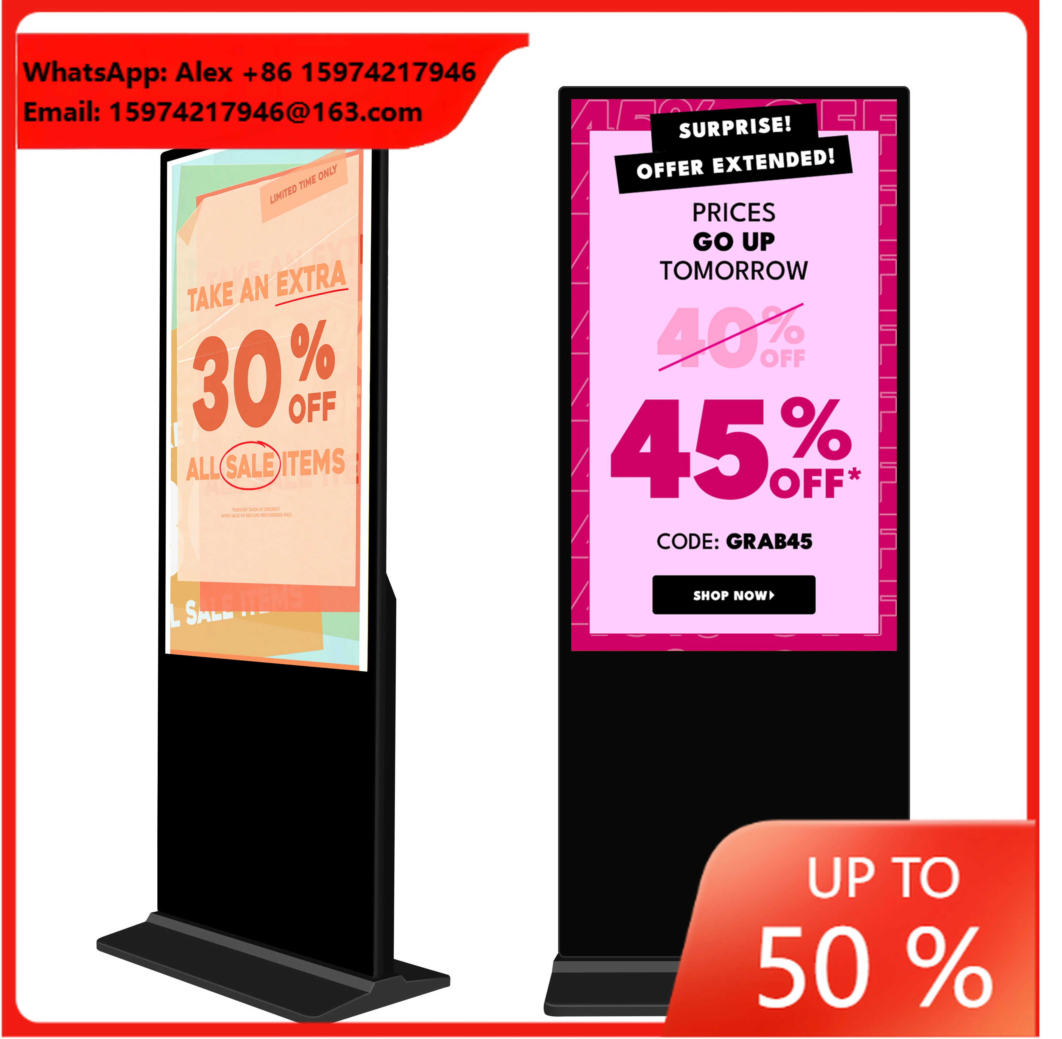 65-Inch Large Vertical 4K Resolution Indoor LCD Display Kiosk Touch Floor Standing Digital Signage Media Advertising Video Usage