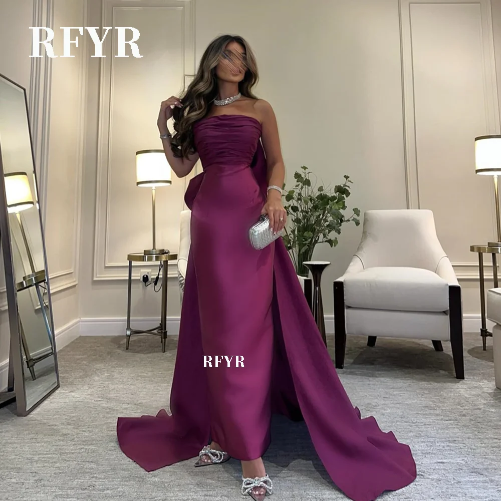 

RFYR Mermaid Evening Dress Bow Back Party Dresses for Women Satin فستان سهرة Pleated Prom Dresses Long Train Vestido De Novia