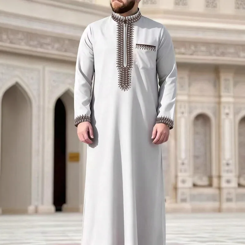 KIDWHXR 2026 Islamic Clothing Men Robe Embroidered Stand Collar Man Jubba Thobe Half-zipper Long Sleeve Casual Robe for Male