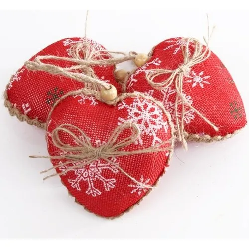 Mixed Christmas Pine Tree Ornament 3 Pcs Heart Shaped Jute Fabric Covered Snow Pattern Red