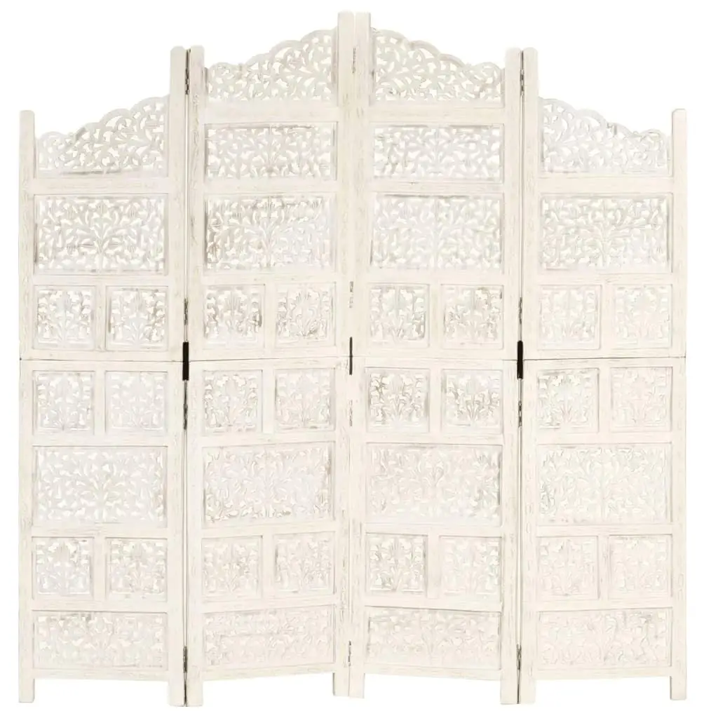 Hand Carved Four Panel Room Divider White Solid Wood 63x65cm