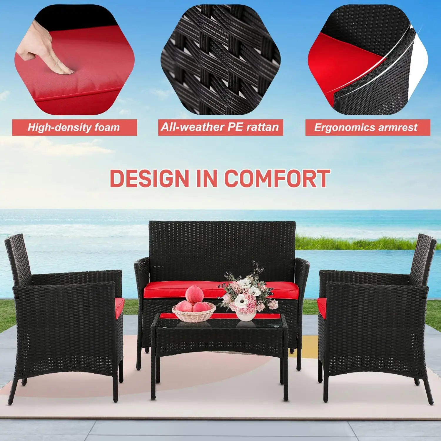 4-teiliges Terrassenmöbel-Set, Gesprächsstühle, Outdoor-Terrassenset aus Korbgeflecht mit Tisch, Terrassensitz, Rattan-Terrassensofa für