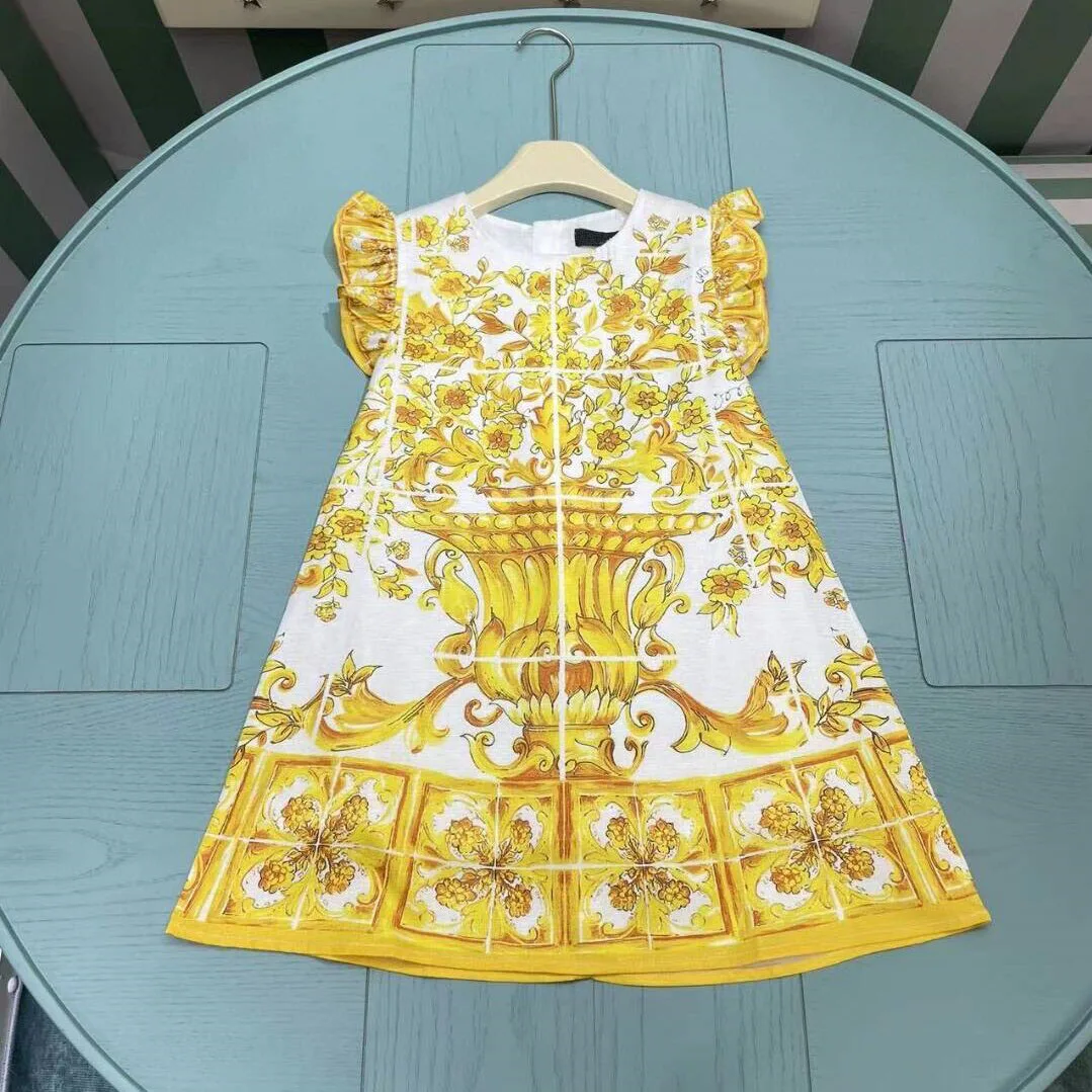 2024 Summer Dresses Yellow Flower Printed Holiday Palace Cotton Girl Dress New Children's Clothing