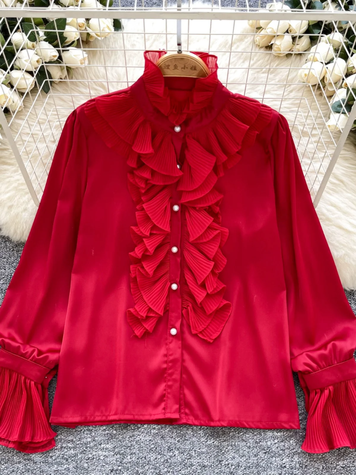 

Women's Fashionable Loose Satin Shirt Autumn Bell Sleeve Patchwork Wood Grain Versatile Casual Style Long Sleeve Top
