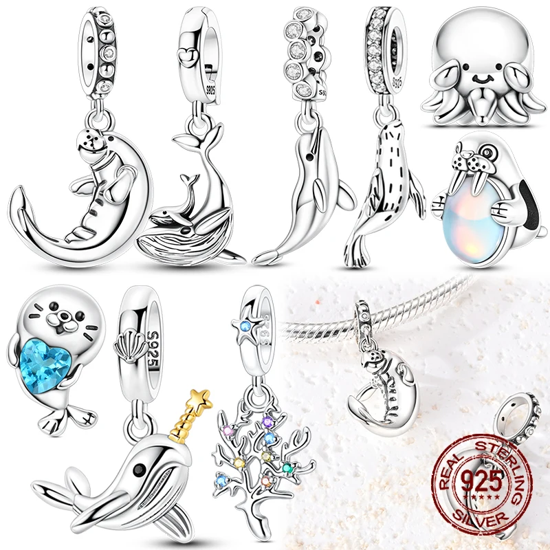 

Подвески из серебра 925 пробы с морскими животными: тюлень, кит, акула, манати, коралл. Подходят для браслетов, DIY украшений, подарок для женщин и девушек.
