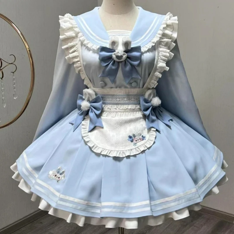 

Japanese Kawaii Lolita Maid Dress Set 2025 Sweet Ruffle Sailor Collar Bunny Bow Apron Princess Dresses Elegant Party Mini Dress