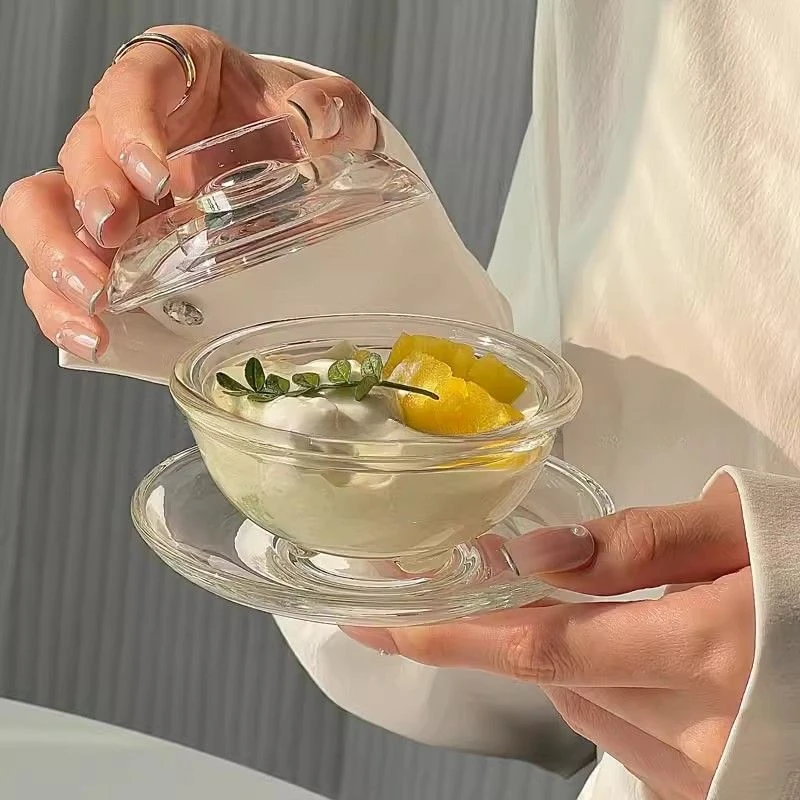 

Transparent Glass Bird's Nest Bowl Heat-resistant Stew Pot, Fruit Ice Cream with Lid Dessert Dishes, Home Kitchen Accessories