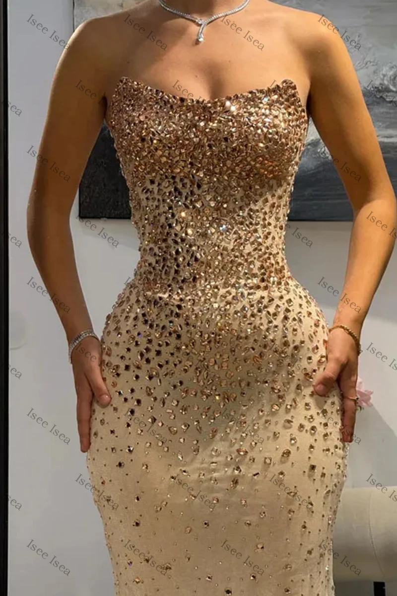 Amarelo deslumbrante vestidos de noite sem alças vestido de gala alta fenda sereia vestidos rosa romântico lantejoulas maxi vestido de baile personalizado