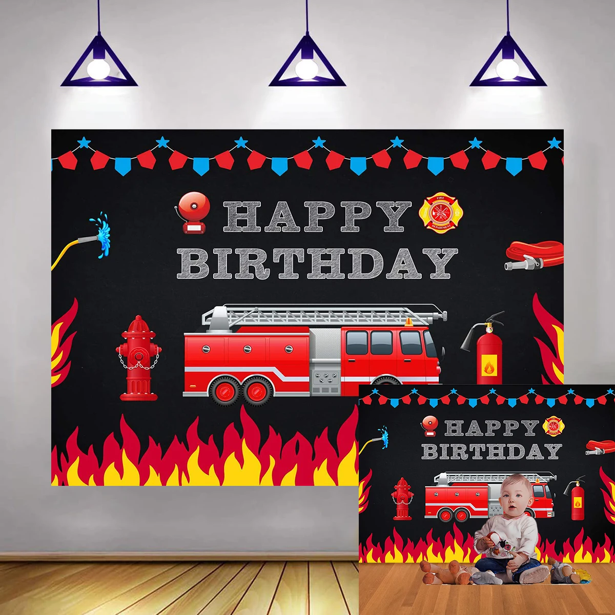 Feuerwehrmann-LKW, alles Gute zum einjährigen Geburtstag, Party-Hintergrund für Cake Smash Fotografie, Tiktok Youtube, Foto-Requisite