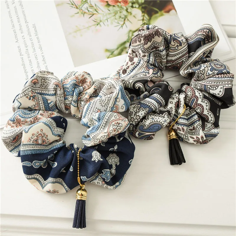 Ins Hot Selling Retro Vintage Printed Assorted Colors Elastic Hair Scrunchies Elasticized Hair Cord For Tassel Pendant For Woman