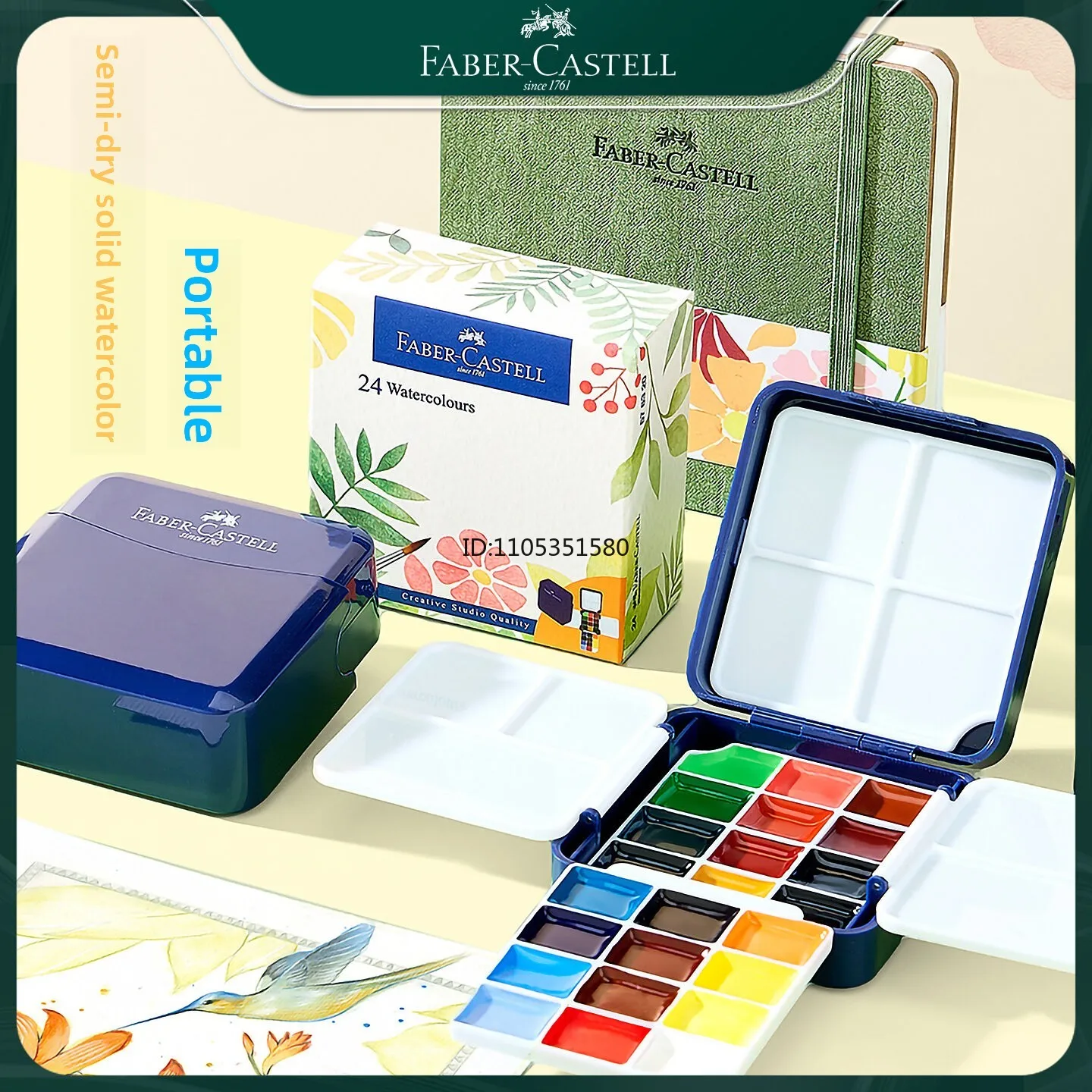Portable Mini Solid Watercolor Paint Set 24 Colors Half Dry Pigment Travel Blue Box Faber-Castell Professional Art Supplies