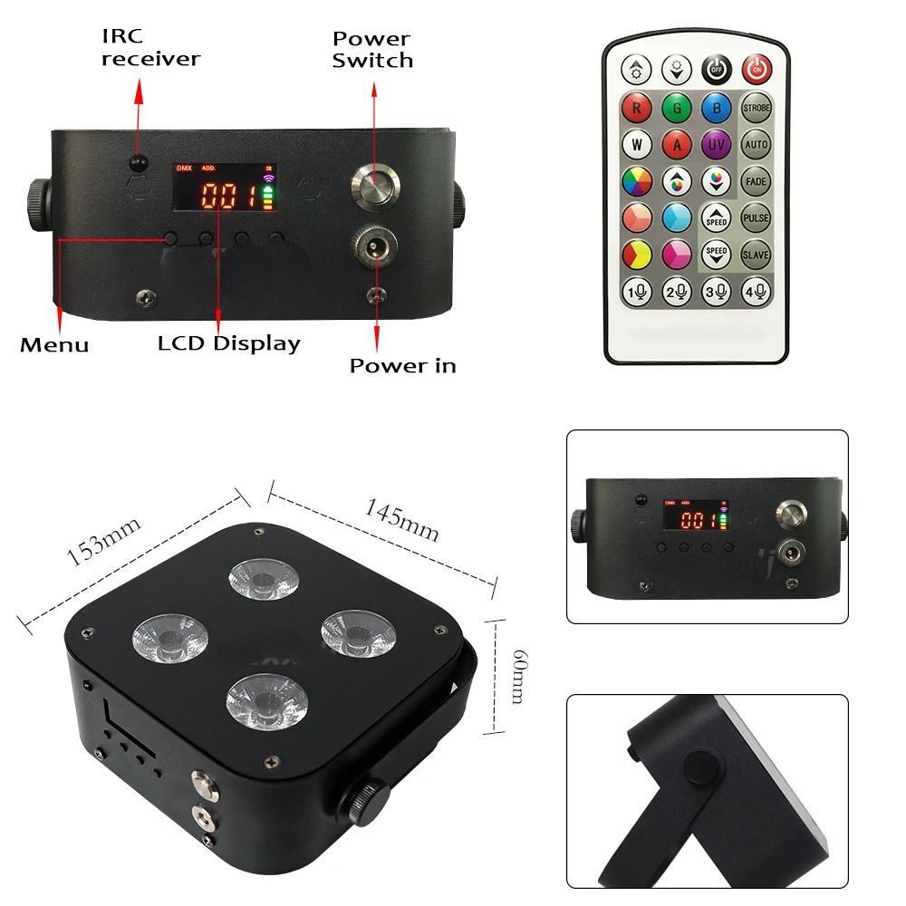 8pcs with a case IR4 mini uplights 4X12W Spotlight 4 LED Hex Up-lights with Wireless DMX&IR Remote for wedding party