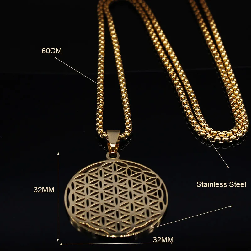 Flower of Life Stainless Steel Long Necklace for Women Men Gold Color Mandala Metatron Necklaces Jewelry collares para mujer