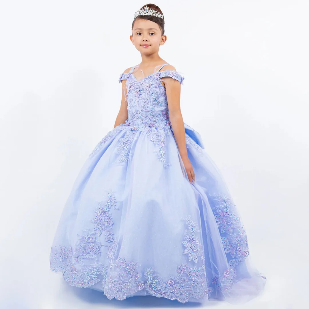 

Customized Blue Flower Girl Dress Floral Appliques With Bow Short Sleeve For Wedding Birthday Party Event Pageant Banquet Gown