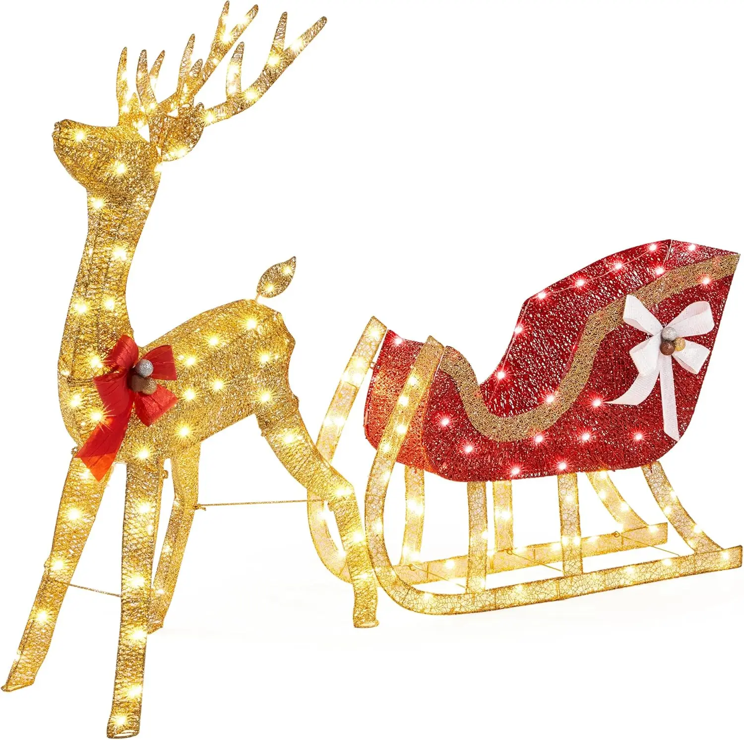 Lighted Christmas Reindeer & Santa Sleigh Set, Light-up Outdoor Xmas Holiday Decor Set w/ 360 Warm White LED Lights