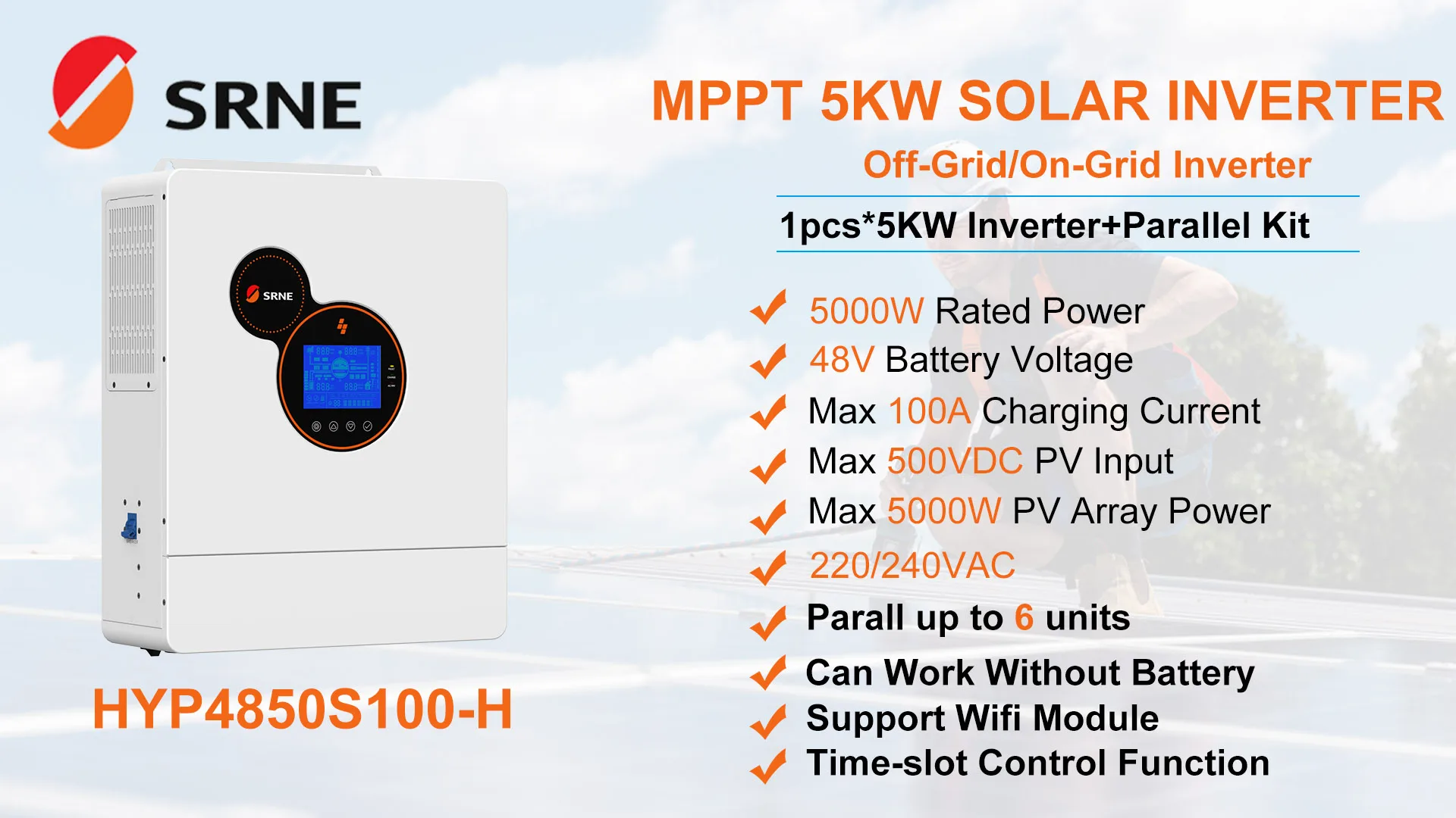 Imagem -06 - Srne Fase Inversor Solar Híbrido Off-grid Inversor On-grid Mppt 100a Carregador Paralelo Máximo Unidades 5kw 5kva 48vdc