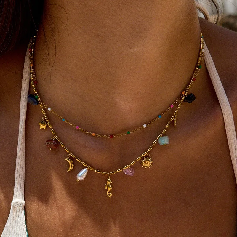 Minar Boho Irregular Natural Stone Rhinestone Faux Pearl Sea Horse Star Moon Pendant Necklaces for Women Double Layers Choker