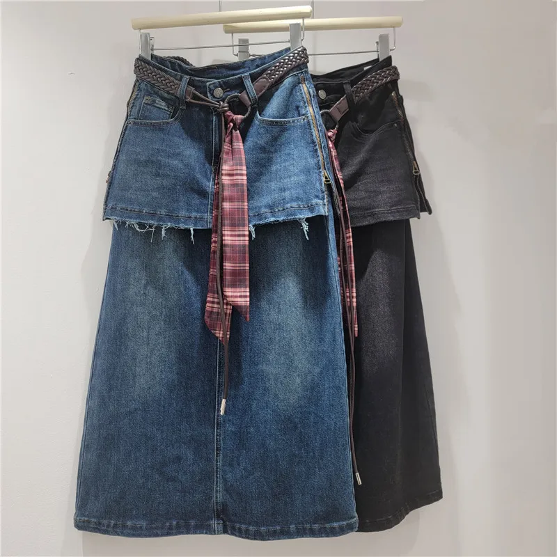 

Осенняя ложная джинсовая юбка из двух частей для женщин с высокой талией и поясом, американская повседневная мода, винтажные синие прямые юбки