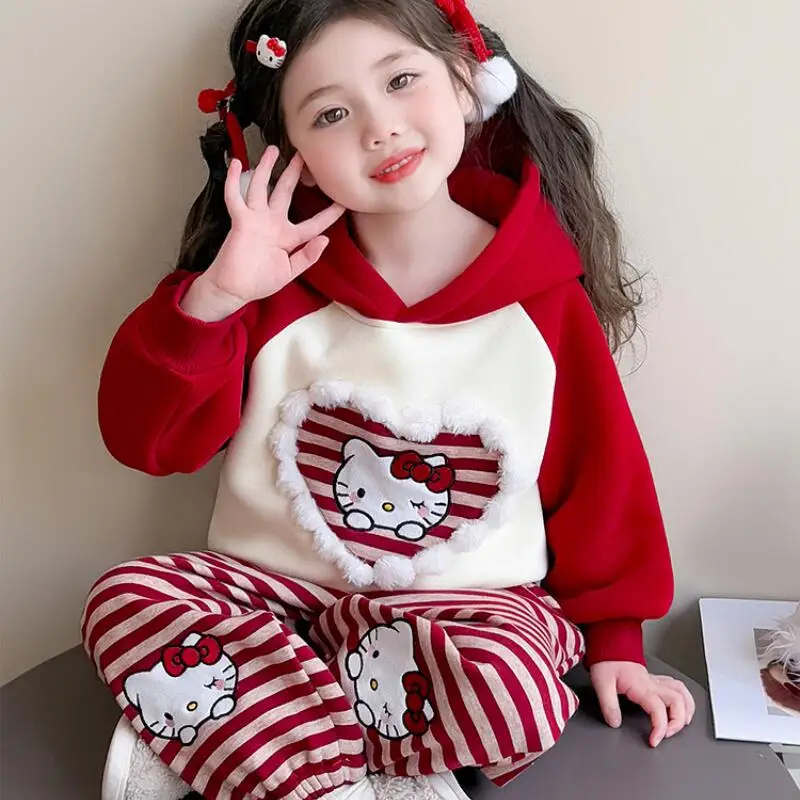 

Толстовка с героями мультфильмов «Hello Kitty» для девочек, комплекты штанов Sanrio, детская модная толстовка с капюшоном Kawaii, весенне-осенняя одежда с длинными рукавами, подарок для девочек