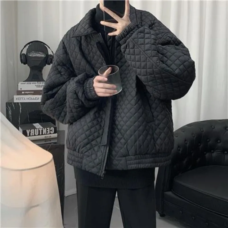 Korean style street men and women retro personality diamond grid design winter couple trend loose casual Harajuku jacket top y2k