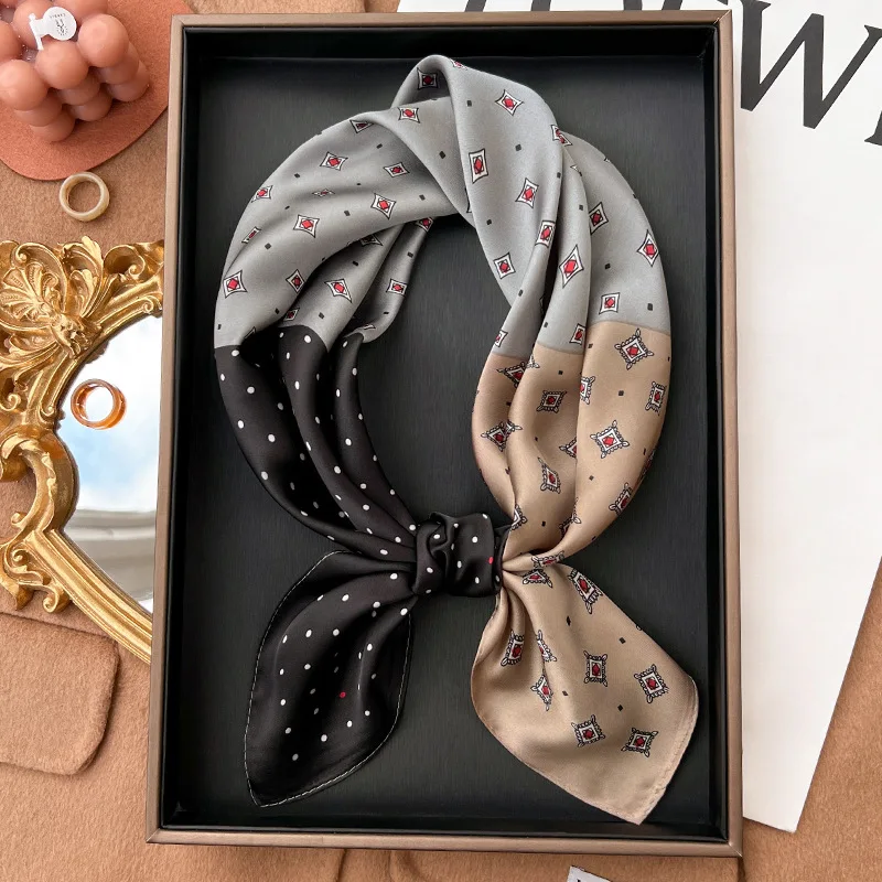 Plaid Silk Square Scarf Women Satin Shawl Wrap Hijab Female Hair Band Wrist Luxury Headkerchief 70*70cm Echarpe 2022 Bandana