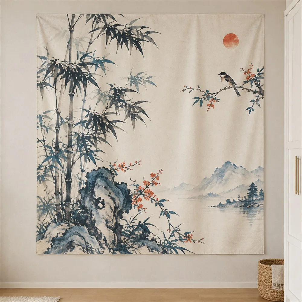 VIKAMA Ink Bamboo Clustered Groups Tapestry Wall Hanging, Oriental Wall Decor Tapestries for Living Room Bedroom Kids Room Study
