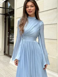 Sky Blue Chiffon High Collar Evening Dress A-line Prom Dress Long Sleeves Pleated Formal Occasion Dresses For Women Customized