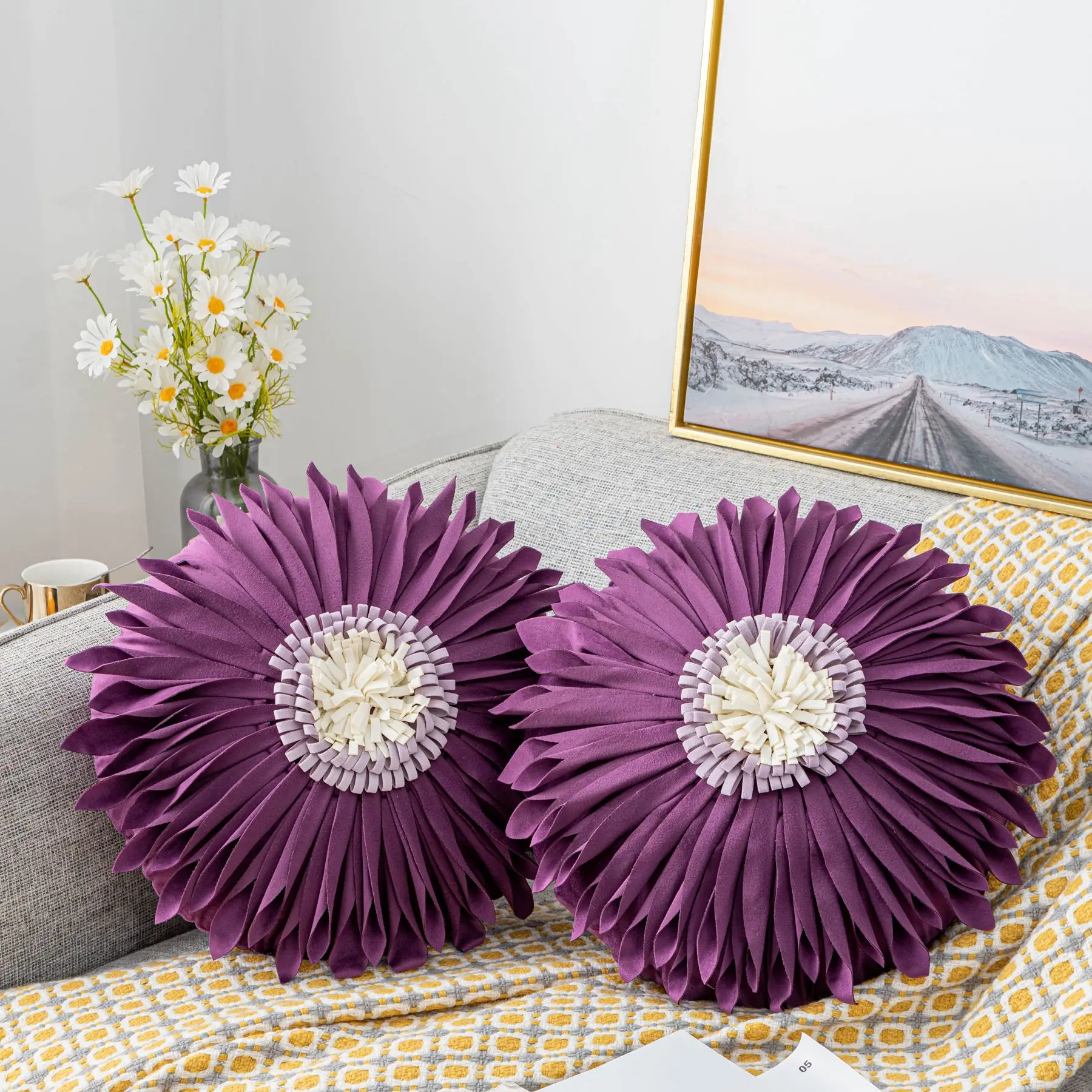 New Velvet 3D Three-dimensional Chrysanthemum Cushion Cover Manual Splice Pillowcase Blue White Round Pillow Covers Decorative