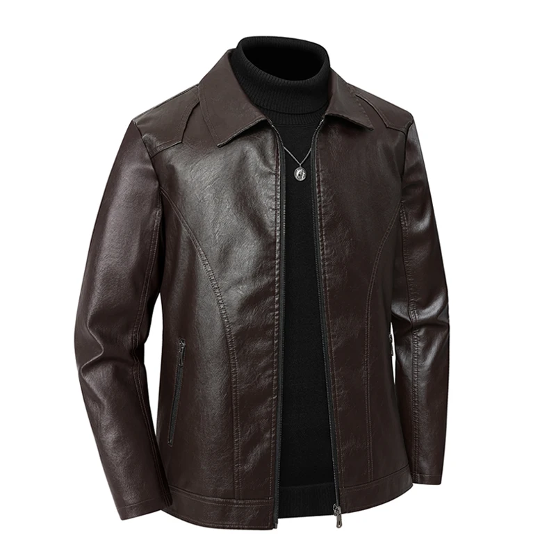 Herren Kunstlederjacke mit Umlegekragen und Reißverschluss, Casual-Mantel für Männer, Business- und Alltagsbekleidung, Übergröße M-8XL, Braun PU-Lederjacke – Detail 3