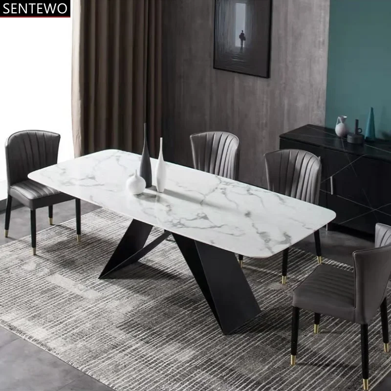 

SENTEWO Free Shipping Luxury Dining Table for Dining Room Furniture Marble Rock Plate Carbon Steel Frame Leather Dining Chairs