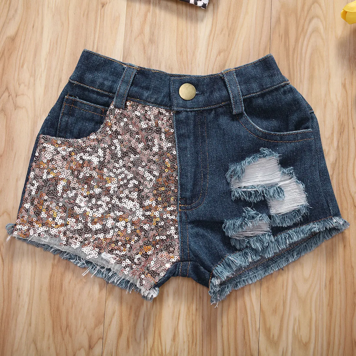 Baby Girls Summer Outfit Toddler Sleeveless Leopard Crop Top Patchwork Denim Shorts Bowknot Headabnd