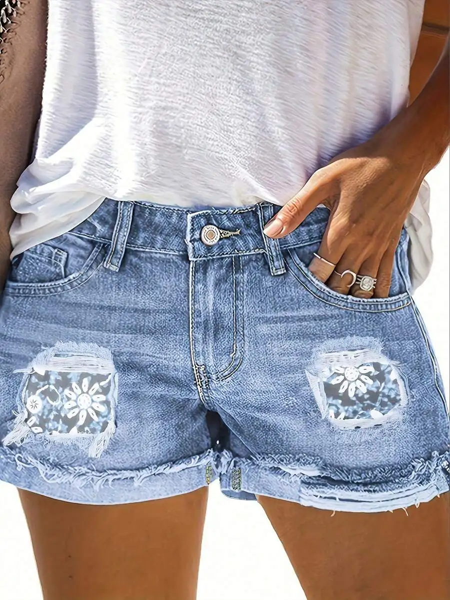 

Women Denim Shorts With Button Waist And Distressed Patch Pockets