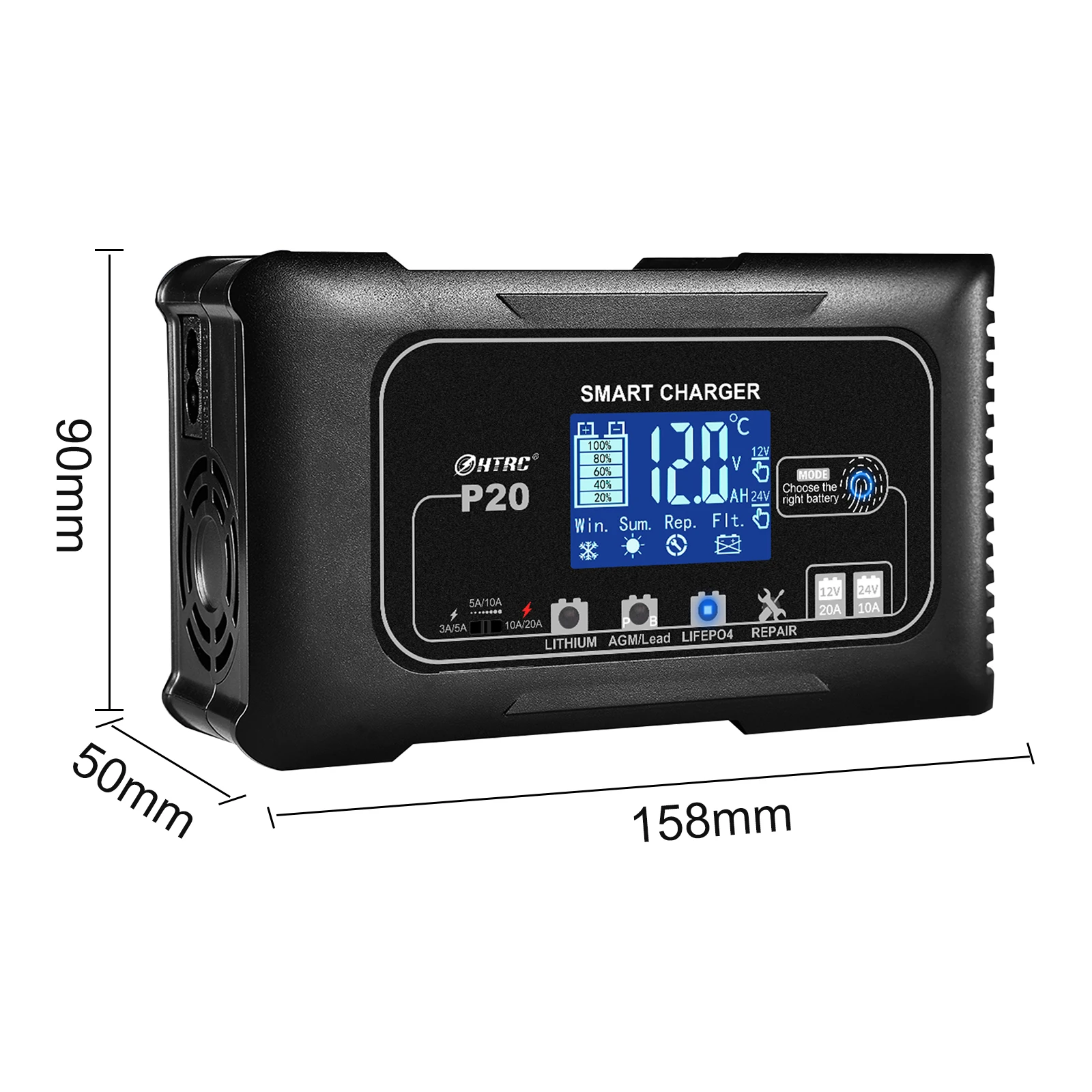 12V 24V auto-acculader 7-traps opladen voor lithium loodzuur Lifepo4 (EU)