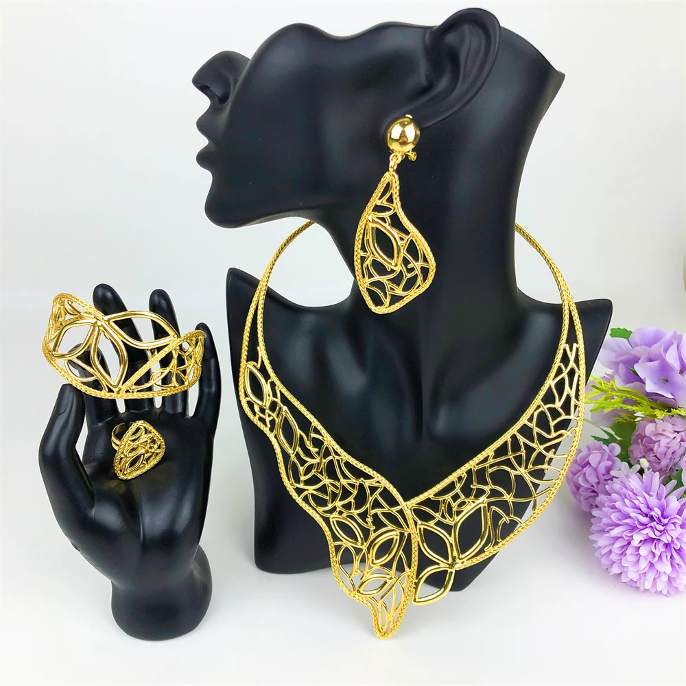 

Дубай 18 К позолоченный для женщин массивное колье ожерелье серьги браслет кольцо африканские свадебные подарки 4 шт. комплект ювелирных изделий