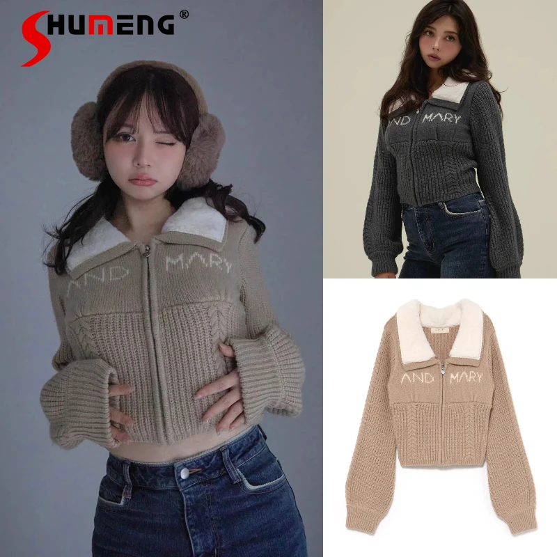 

2025 Autumn Winter Japanese Fashion Letter Pattern Knitted Cardigan Fur Collar Coat Top Short Sweater Zipper Long-sleeves Jacket