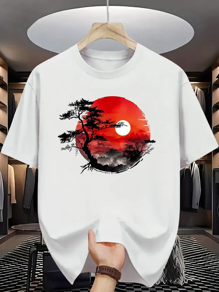 Herren Sommer 100% Reine Baumwolle Modisches Lässiges Locker Sitzendes Bedrucktes Rundhals Kurzarm T-Shirt Top