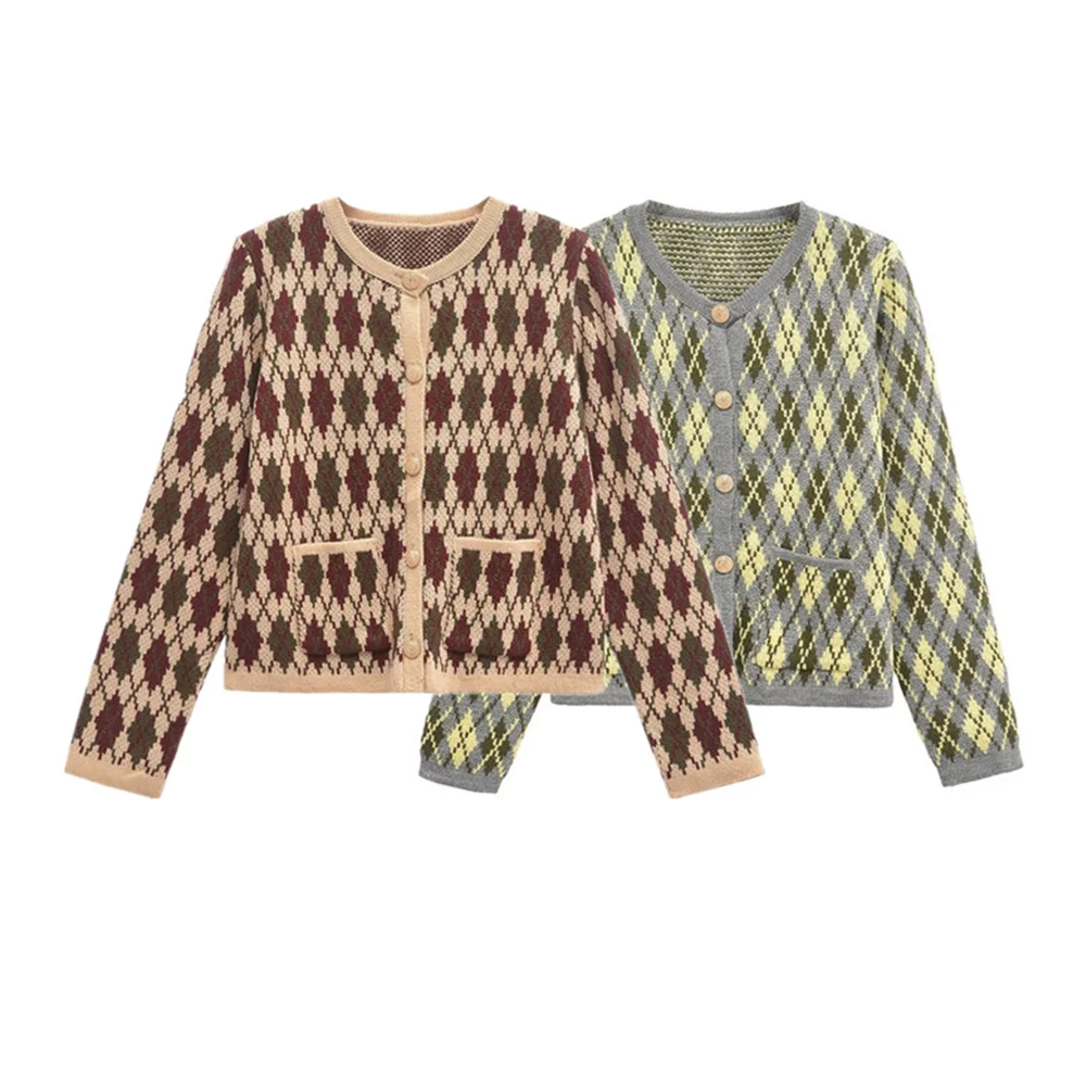 

2024 Winter New Women's Clothing Style Simple Diamond Pattern Round Neck Long Sleeve Knitted Cardigan Sweater Coat Top