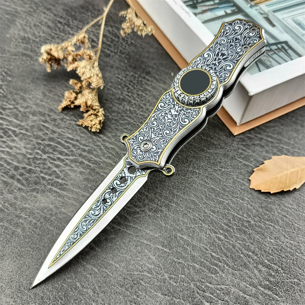 High Quality Folding Knife Auxiliary Quick Open 5Cr13Mov Blade Artistic Patterns 420 Steel Handle Outdoor Knife Multi Tool