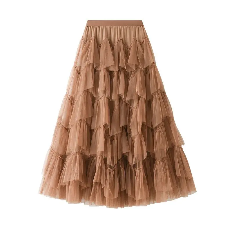 Spring Korean Tutu Tulle Long Skirts Womens Solid A Line High Waist Mesh Tiered Maxi Skirt Female Faldas Aesthetic