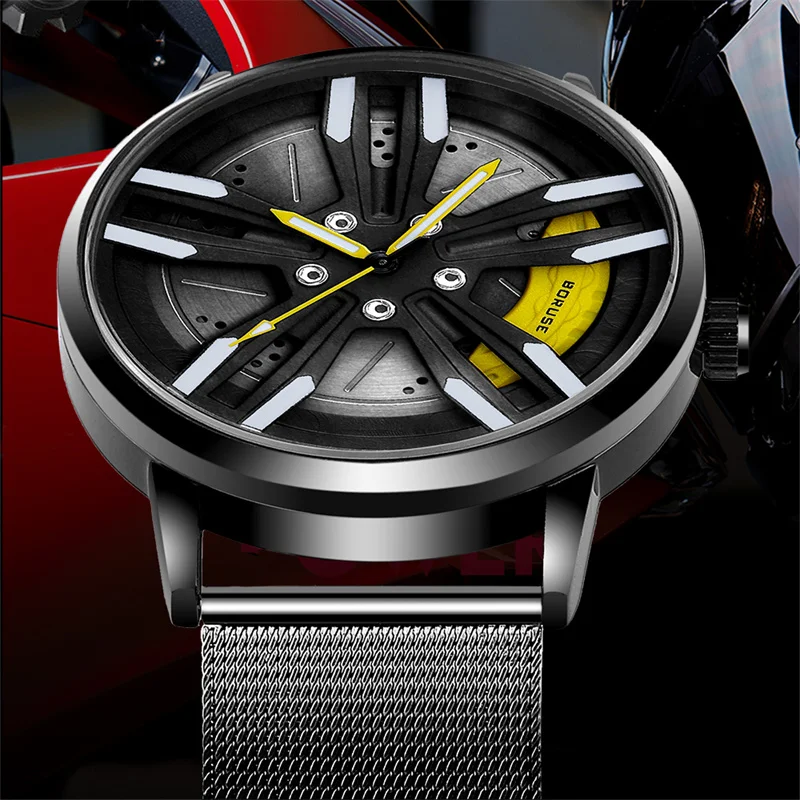 BORUSE Luxury Fashion Mens Car Wheel Watches Luminous Clock Men Mesh Belt Waterproof Quartz Wrist Watch montre homme