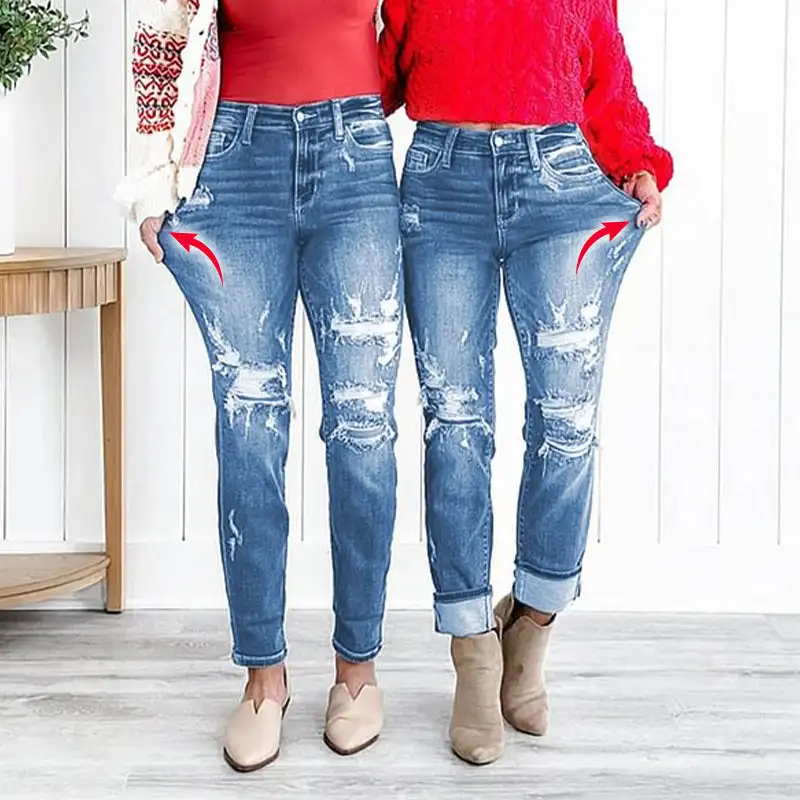 Women's Jeans Slimming Effect Cuffed Jeans Broken Hole Street Hip Hop Street Straight Mid Rise Jeans Pants