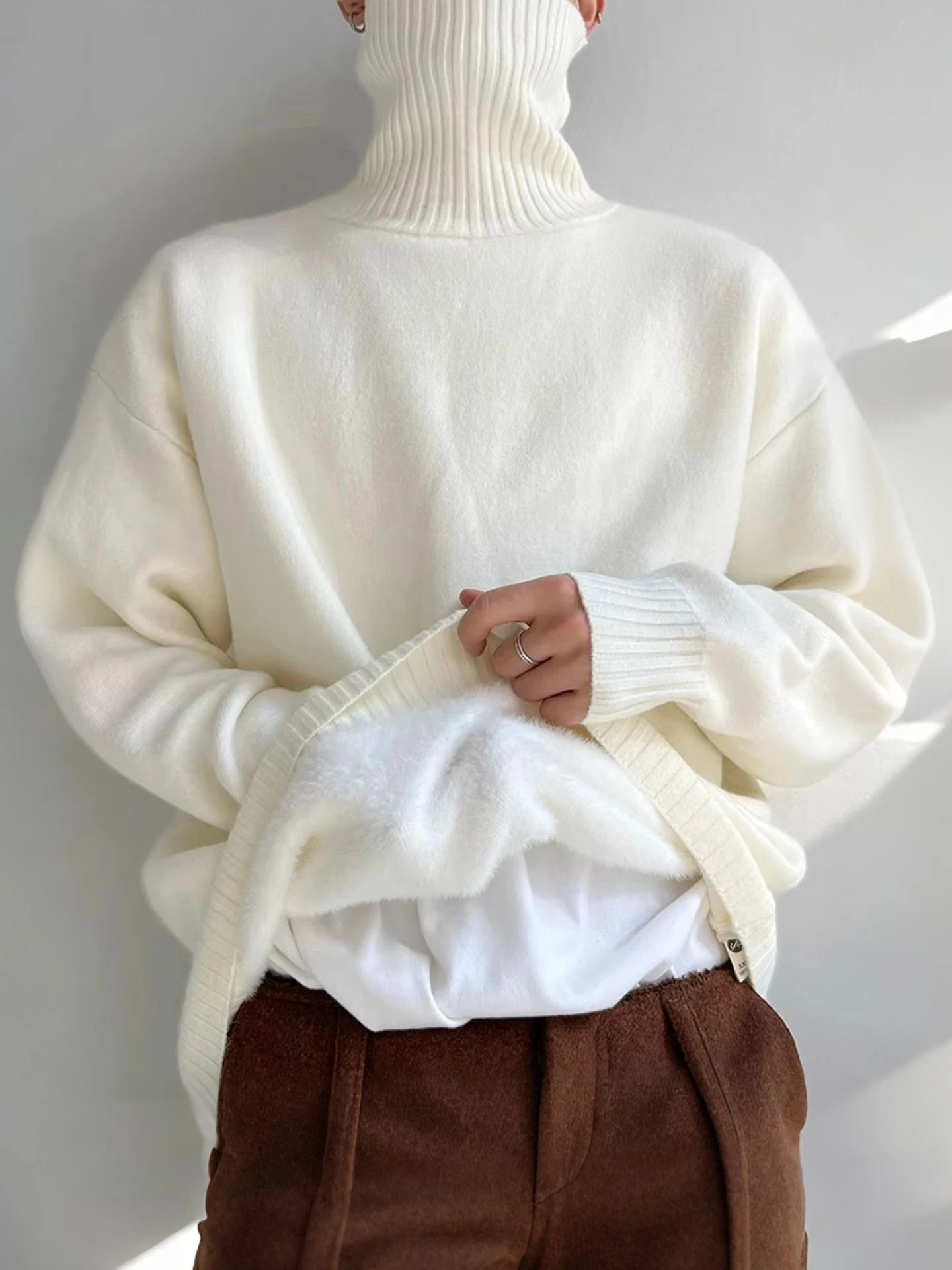 

Cleanfit трикотаж с высоким воротником на подкладке, мужской зимний базовый свитер, бежевый, теплая, уютная верхняя одежда, повседневная верхняя одежда