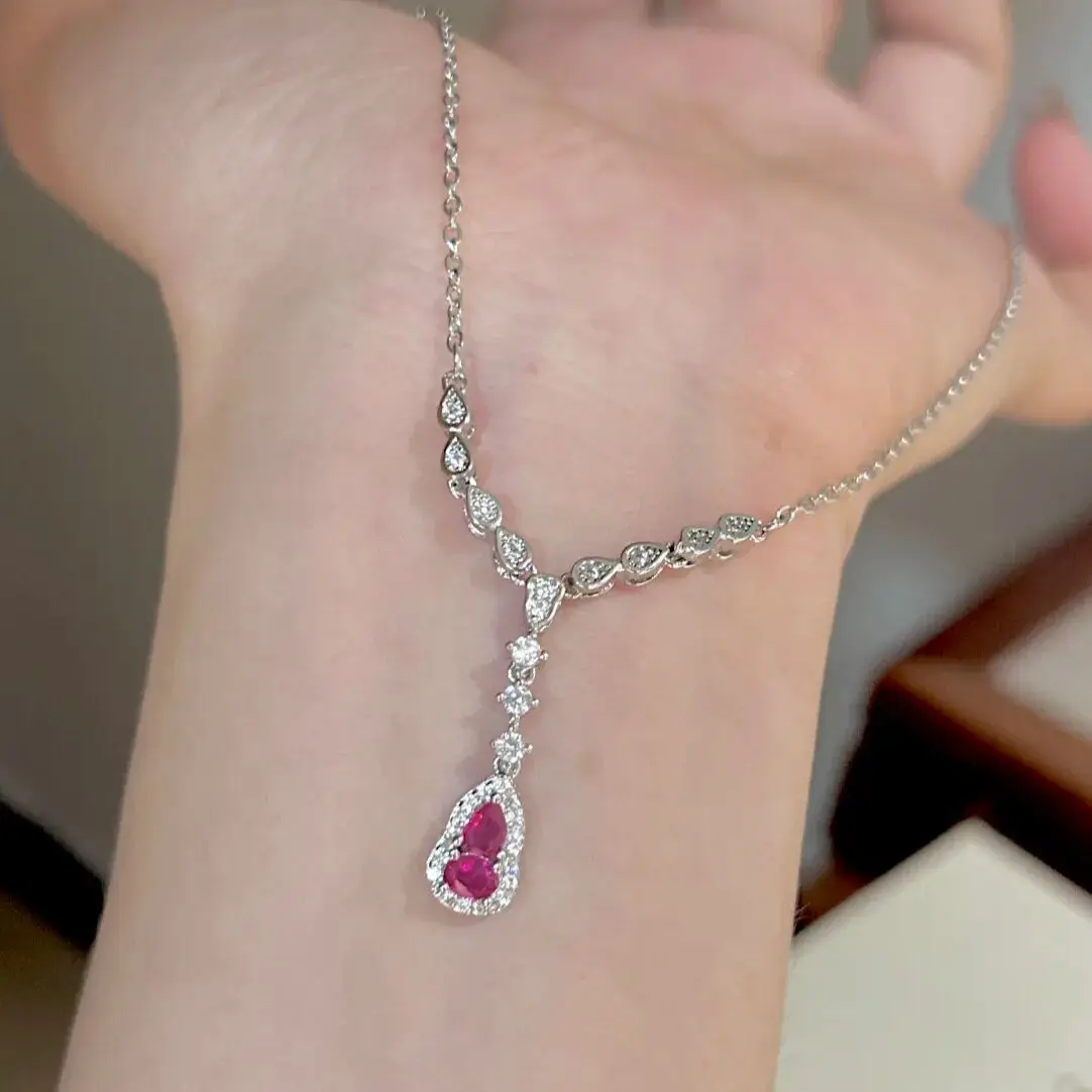 

Женский серебряный Y-образный комплект ожерелья с цирконовыми бриллиантами 5А, слезы и рубиновой подвеской, подходящий для вечеринок и повседневного украшения