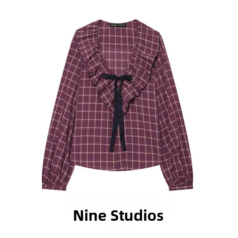 Casual Plaid Shirt Women's V-neck Long Sleeve Knot Top NINE ZAR Ladies Fashion Brand 5029133 Winter Collection