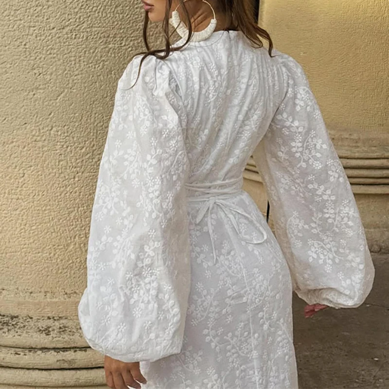 Elegancka sukienka damska z długim rękawem, jednolita, z rozcięciem, haftem, guzikami, dopasowana, seksowna sukienka wieczorowa z dekoltem w serek i wiązaniem w talii.